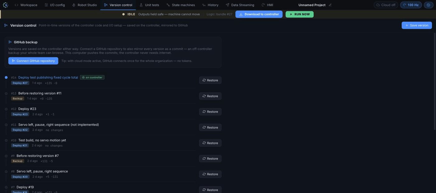 Synapse version control: point-in-time snapshots of controller code and I/O setup with one-click restore