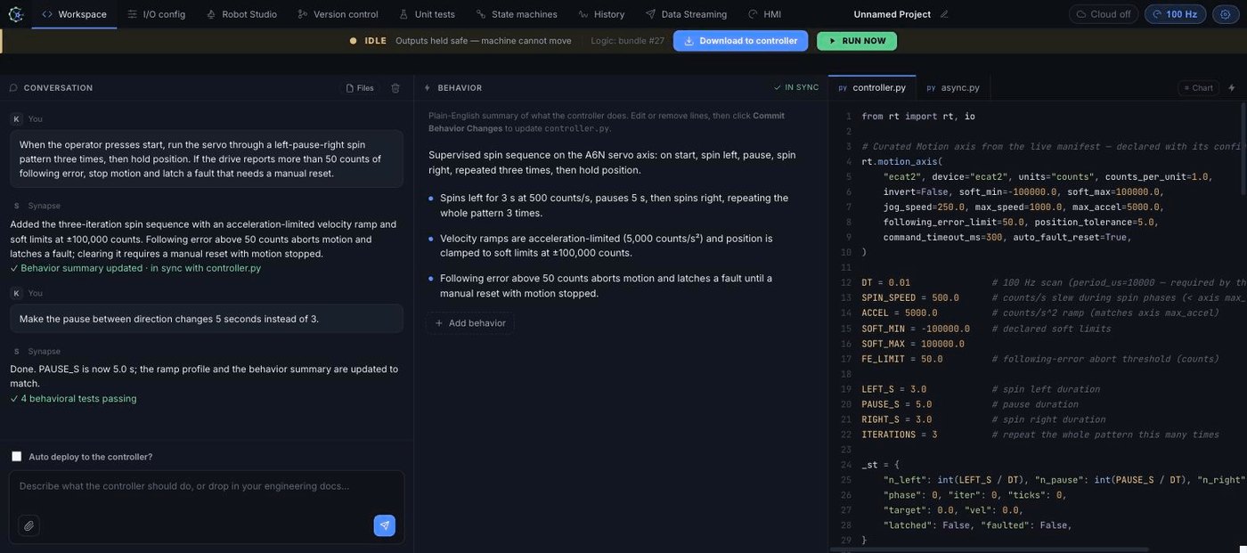 Synapse Workspace: chat panel, plain-English behavior summary, and generated real-time Python side by side